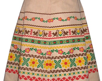 ribbon print skirt - tan - alpine folk trim inspired hand screen printed design