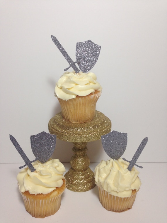 Sword and Shield Cupcake Toppers Medieval Party Glitter