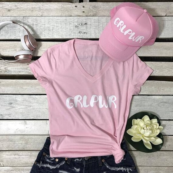 GRLPWR Women's Short Sleeve Vinyl Print Girl Power Feminist Female Power Empowerment V-Neck T Shirt
