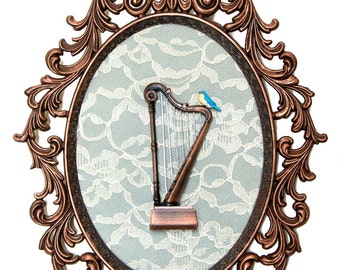 Miniature Harp with Bird - Victorian Framed Object - Wall Art Decor - 10.5x13.5in