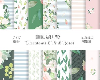Floral Digital Paper - Succulents & Pink Roses, repeating pattern, printable, watercolor, green succulents, wedding graphics, planner sheets