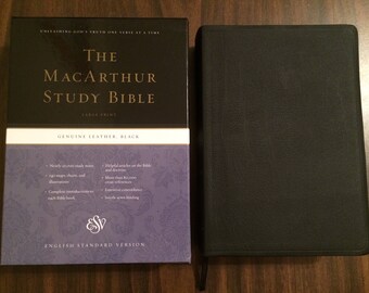 PERSONALIZED ** ESV Large Print Macarthur Study Bible - Black Genuine Leather ** Custom Imprinted