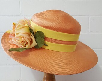 Vintage 1960s 1970s Peach Apricot Orange Straw Wide Brim Summer Hat with Flowers