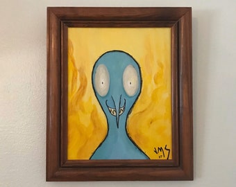 Original acrylic painting art monster fire 8x10 low brow pop surrealism cartoon framed