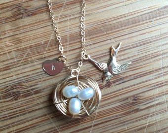 Personalized Initial 14 Karat Gold-Filled Bird Charm, Nest, and Heart Necklace on Chain