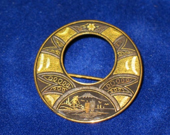 Japan Damascene Mt Fuji Open Round Brooch