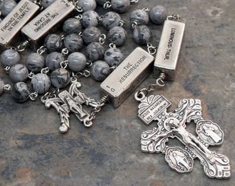Gemstone Rosary of Gray Crazy Lace Agate with Mystery Beads, Catholic Rosary, Miraculous Medal, Pardon Crucifix, 5 Decade Rosary