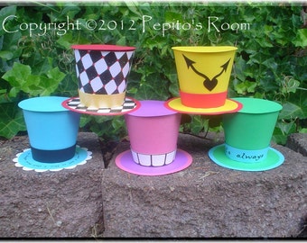 Print-INK Alice In Wonderland Top Hat Set (5) - Party Hat Favors - DIY Color Digital Printable PDF