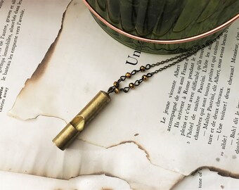 Long Brass Whistle Necklace - Matte Gold Faceted Beads - Antique Brass