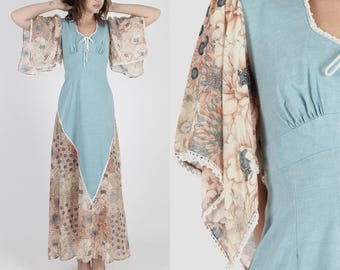 Boho Dress Kimono Sleeve Dress Hippie Dress Vintage Dress 70s Dress Wedding Dress Floral Dress Festival Prairie Angel Sleeve Maxi Dress S