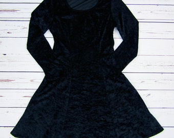Vintage Black Crushed Velvet Babydoll Dress Medium Stretch Long Sleeve Witch Grunge Goth