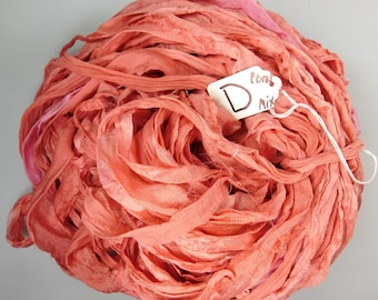 Sari Silk Ribbon, CHIFFON sari ribbon, Silk Chiffon ribbon, Coral sari ribbon, tassel supply, knitting supply, weaving supply, rag ribbon