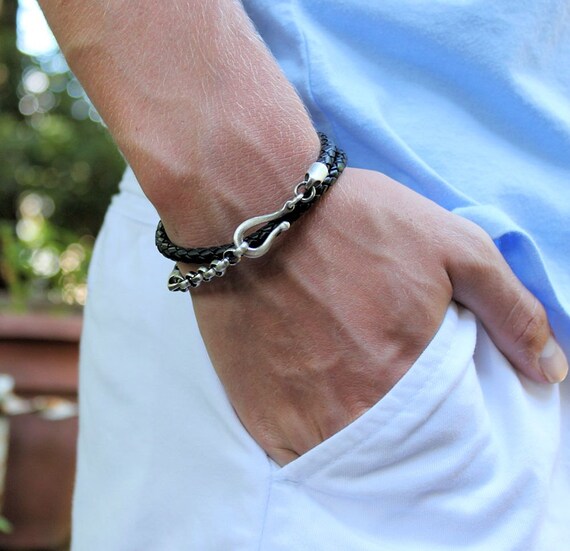 Mens Double Wrap Bracelet Black Leather and Silver Chain