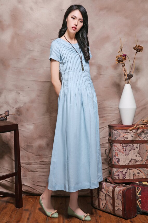 Linen Long Dress In Blue/ Pleated Sundress /linen Kaftan/ Plus