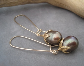 Pearl Earrings - Dark Green- Iridescent- Long Drops - Decorative Fresh Water Pearl Earrings -