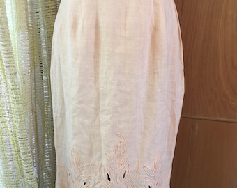 Vintage 80s Linen High Waist Midi Skirt with Piping Detail and Cut Outs