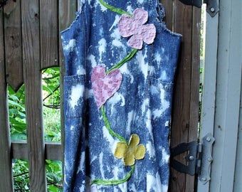 Art to Wear/ Denim Jumper/ Flower Appliqued / Frayed Raw Seams/ Funky Faux Crochet/ Vintage Chenille/ Retro Denim Dress/ Sheerfab Funwear
