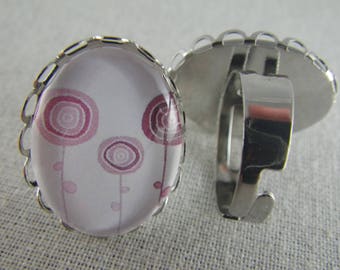 Bague086 - Bague argentée motif fleurs roses
