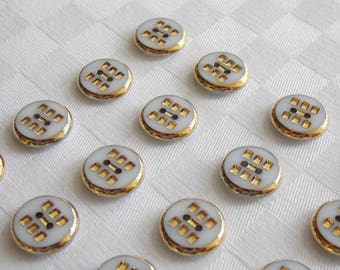 24 beautiful 2-hole opaque white glass buttons with very fine golden trim - (15.5 mm - 5/8 in.)