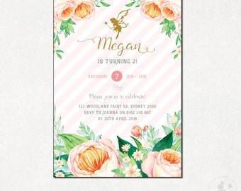 FAIRY Birthday Invitation. Pixie Birthday Invite. GIRLS Birthday Party. Floral Birthday Printable. Watercolor Flowers. Pink and Gold. FA1
