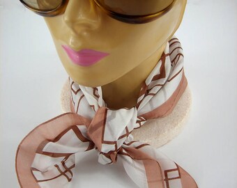 Vintage Mod Brown Geometric Scarf, 1960s, Squares, Copper, Brown, White, Neck, Head