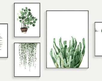 Set of 5 Modern Modern Watercolor Green Plant Wall Art Print 300 DPI Download Print Wall Decor Illustration JPG Instant Download