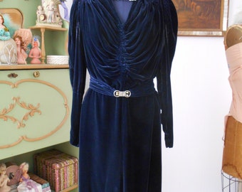 1930's Silk Velvet Dark Blue Dress Hollywood Glamour