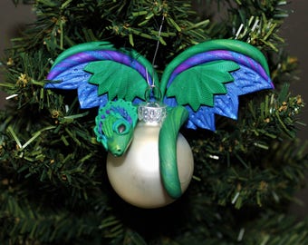 Green Blue and Purple Dragon Ornament Polymer Clay
