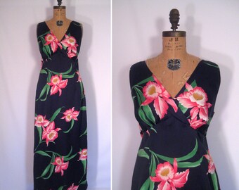 1970s black orchid floral print maxi dress • 70s Hilo Hattie tropical flower print gown • vintage Hilo Hattie's hawaiian dress