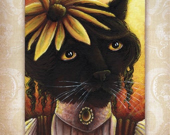 Black Cat Fairy, Black Eyed Susan Flower Fantasy Art 8x10 Reproduction Print