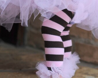 Pink-Brown striped Bunny Legs Girls Ruffled Tutu Leg Warmers - perfect for crawling babys 6m to girls 6X