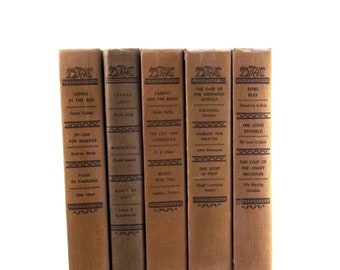 The Detective Book Club books, rustic tan beige books, old book collection, best 1950s mysteries, vintage mystery stories, old book decor