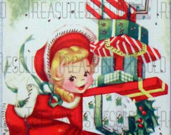 Retro Girl Carrying A Big Stack Of Presents Christmas Card #215 Digital Download