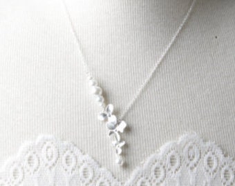 Bridesmaid Orchid Necklace, Bridesmaid Gift, White Wedding Jewelry, Wedding Necklace, Bridal necklace, Delicate Necklace, silver orchid