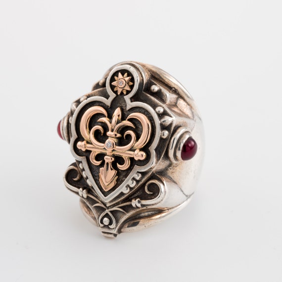 mens ring with diamond, mens silver and gold ring, men diamond ring, statement ring, garnet stone ring, ring for men, signet ring men