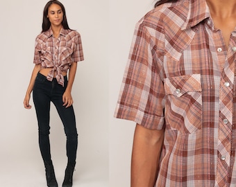 Western Shirt 80s Plaid Shirt METALLIC Threads PEARL SNAP Brown Button Up 1980s Vintage Short Sleeve Rockabilly Cotton Medium Large