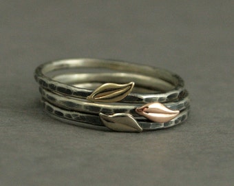 Two Tone Stacking Ring Set--Lovely Leaf Stacking Set--Tri Color 14K Gold Leaf Bands--Oxidized and Hammered Silver Rings--Thin Stacking Rings