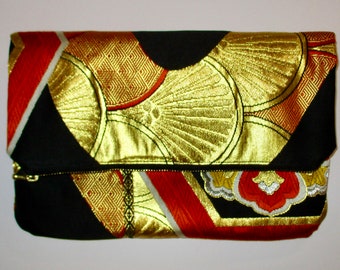 Black with Gold Hexagons Two-way Fold Over Obi Silk Clutch Purse