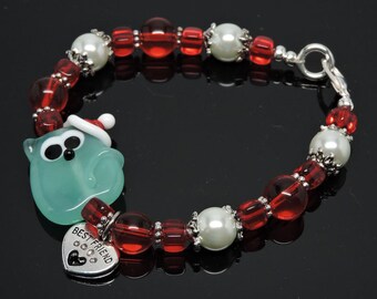 SANTA KITTY: Artist Lampwork Glass Bracelet Light Blue Green