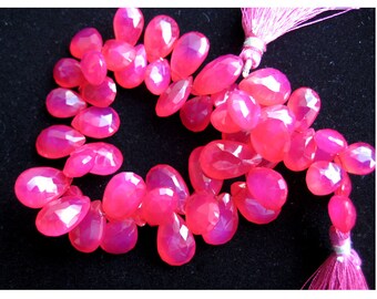 Chalcedony - Hot Pink Briolettes - 15x10 To 11x8mm Faceted Pear Shaped Briolettes - Half Strand 4 Inches - 25 Pieces Approx