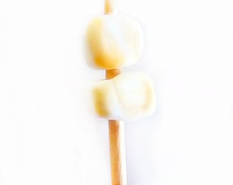 Roasted Glass Marshmallows on a Wood Stick- Realistic White Glass Button