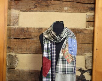Plaid Flannel Scarf Oversized Patchwork Tartan Plaid Rustic Style Upcycle Scarf Boho Chic Fashion Scarves Hippie Clothes