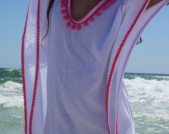 Beach cover ups, Short coverup with Pom poms, swimsuite coverup, gauze cotton coverup, resort wear, must have for any beach vacation