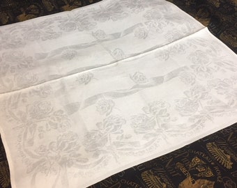 Antique Vintage Tablecloth & Napkins-Irish Linen Double Damask Banquet Tablecloth 12 Large Matching Napkins-Roses-Ribbons 108" x 66"
