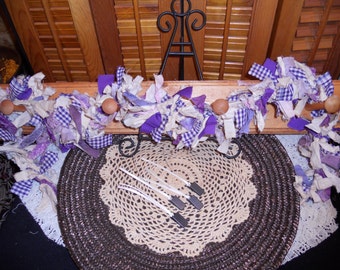 Primitive Country Raggedy Tattered Purple SUGARPLUM Christmas Valentines Day Rag GARLAND Swag Skirting Wrap Drape Ornie Clips (PRS-0026)