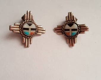 Handmade Vintage Zuni Sun Face Clip Earrings Sterling Silver