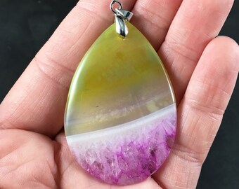 Yellow, White and Pink Druzy Agate Stone Pendant Necklace