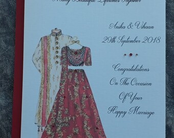Handmade Personalised A5 Indian Wedding Card Hand Drawn Design