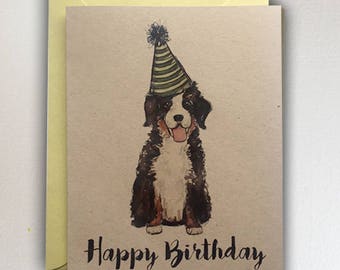 Bernese Mountain Dog - Happy Birthday / Puppy // Berner with green party hat