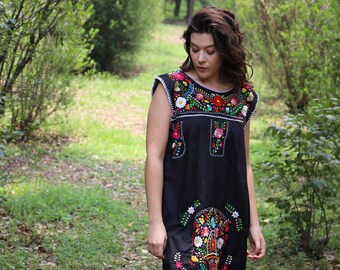 Black and multi colored embroidery Puebla Dress